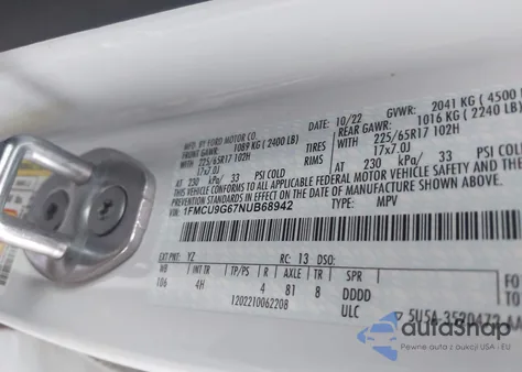 2022 Ford Escape Se from USA, damaged, VIN 1FMCU9G67NUB68942